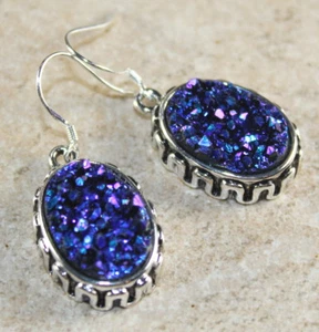 SILVER Vintage Style Royal Blue Rainbow Titanium Druzy Earrings WP11901 - Picture 1 of 1