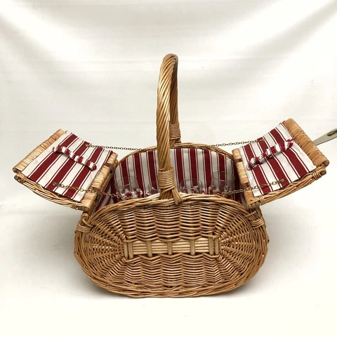✅❤️✅@ Woven Picnic Basket Dual Lid With 4 Wine Glasses & 4 Plates 16 x 11 x 12” Cover