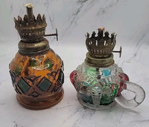 Vintage Miniature Stained Glass Oil Lamps, Farm, Country, Cottage Two Piece Lot - Picture 1 of 11