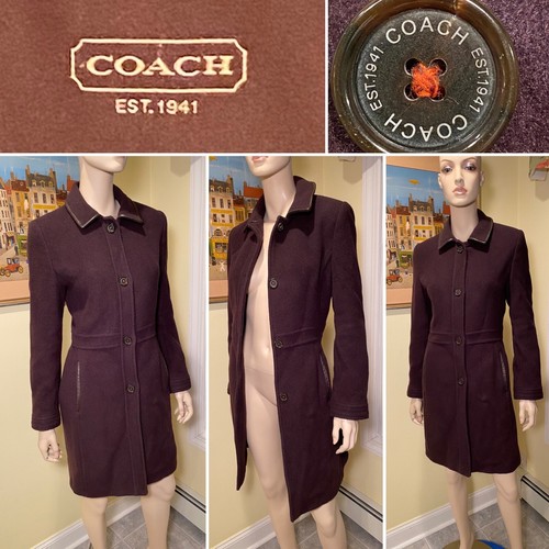 Cappotto sopra il ginocchio autentico COACH taglia media marrone misto lana mohair bordo pelle