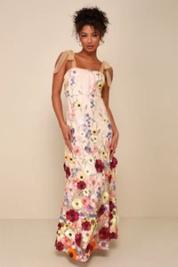 Thriving Poise Blush 3D Floral Embroidered Tie-Strap Maxi Dress Size XL - Picture 1 of 6