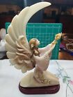 Vintage Kneeling Angel On Wood Base W Floral Accents  9" tall Resin