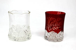Vintage Early 1900s Ruby Glass MOTHER Etched Fair Cup & Cut Clear Bundle Of 2 - Picture 1 of 7