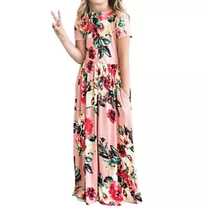 Girls Floral Maxi Dress Flower Printed Short Sleeves Dress with Pockets Summe... - Picture 1 of 4
