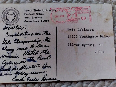 1977 Earle Bruce Iowa State University Football Coach Signed Recruiting Postcard - Image 1 of 4