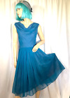 Vintage Blue Cocktail Dress Sleeveless Cowl Fit Flare 50S Chiffon Midi S Party