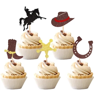 30 PCS Cowboy Cupcake Toppers Glitter Horseshoe Cowboy Hats Boots Cupcake Picks - Picture 1 of 12