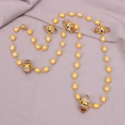 Collar largo citrino amarillo punta borde oro perla arroz dorado natural 36"" Foto 1 de 4