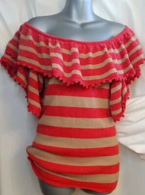 Lac Rok Stripe Sweater BOLO  Pom Pom Fringe Boho Cashmere Mix Orange Bardoux Med - Image 1 of 4