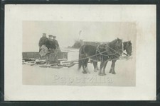 RPPC c.1908 THREE YOUNG MEN in CARGO SNOW SLED & a PAIR of DRAFT HORSES 