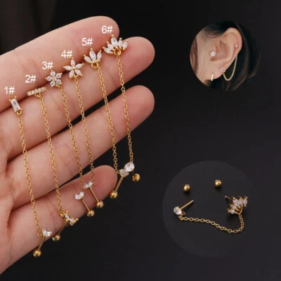 Stainless Steel Cartilage Tragus Studs Double Hole Chains Screw Back Earrings⇓ - Image 1 of 4