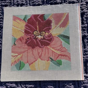 VTG Handpainted Needlepoint Canvas Frog Red Iris Floral 13x13 80’s - Picture 1 of 3