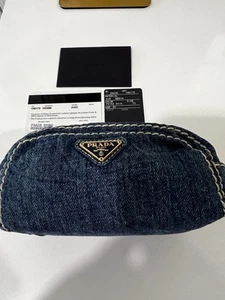 PRADA Pouch/Cosmetic Case Denim Blue Gold Zipper Authenticity Card, Rare - Picture 1 of 11