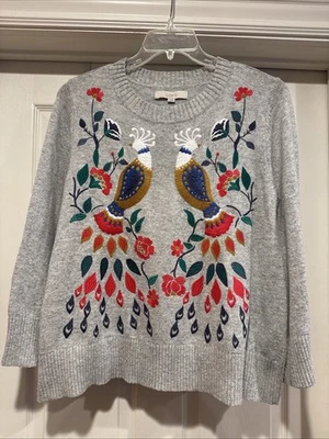 Suéter Loft Para Mujer Grande Gris Folksy Floral Diseño Pájaro Foto 1 de 4