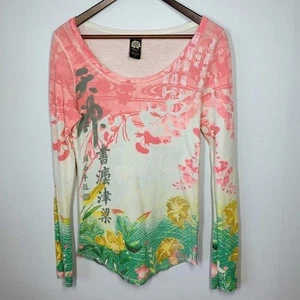 Top térmico tejido gofre japonés Lucky Brand Y2K para mujer grande flor de loto asiático - Imagen 1 de 9