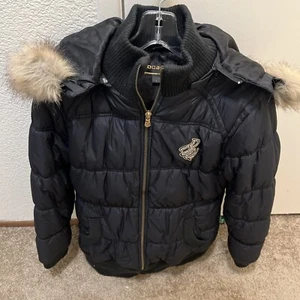 Roca Wear Y2K Authentic Down Hooded Embroidered Coat Fur Hood Brown Womens L - Picture 1 of 11