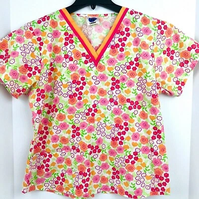 Landau 尺寸小号娇小磨砂上衣白色橙色装饰花朵医疗护士 SP — 第 1/4 张图片