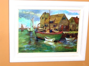 Fishing Docked Boats Birds Signed Coafrey Water Reflections Vintage Oil Painting - Picture 1 of 12