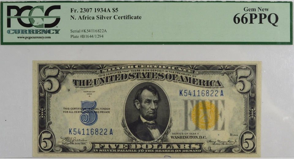 1934A $5 NORTH AFRICA SILVER CERTIFICATE FR 2307 PCGS CURRENCY 66 PPQ GEM NEW - Image 1 of 2