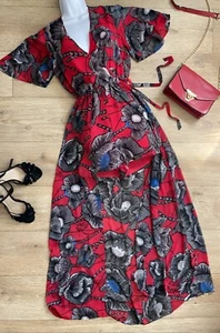 Striking Red Black Fab Floral Poppy Graphic Print Faux Wrap Print Playsuit Sz 8 - Picture 1 of 15