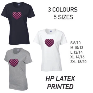 Pink Chequered Heart Ladies Cotton T-Shirt 3 colours 5 sizes Available Printed - Picture 1 of 7