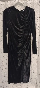 Schwarz Sexy Hexe Katze Samt gerruchtet Langarm Stretch Midi Kleid Größe XL NEU - Bild 1 von 4