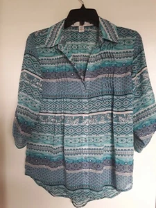 Damen Vintage America Multi Print transparent 3/4 Ärmel geknöpft Top Gr. S - Bild 1 von 3