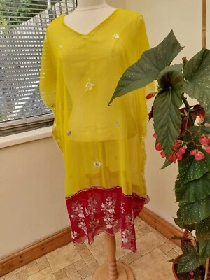  Maxi caftán de gasa lagenlook semi transparente XXL 42" de largo adornado amarillo caft Foto 1 de 4