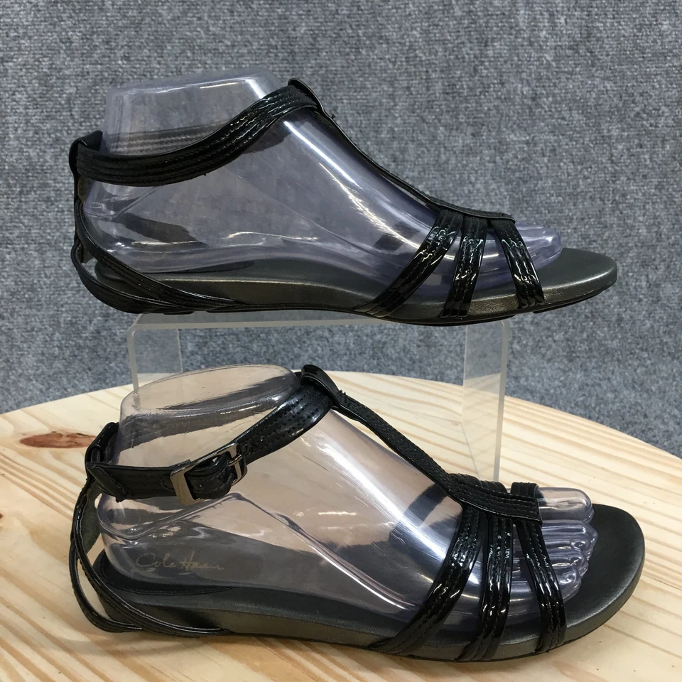 Sandalias Cole Haan para mujer 8B con tiras de cuero negro correa al tobillo hebilla punta abierta Foto 1 de 4