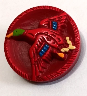 Vintage Flying Duck Celluloid?  Button,  Bold Colors, Carved Look Pattern 1-1/8" - Image 1 of 4
