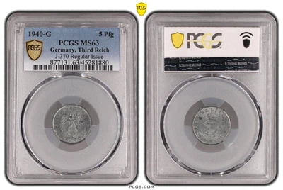 PCGS MS63 5 Pfennig 1940 G SWASTIKA Alemania Tercer Reich J-370 Moneda Segunda Guerra Mundial Dos Altos Foto 1 de 4