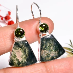 Moos Achat Peridot Edelstein Handmade Jewelry.925 Silber Ohrringe 1.4 " JK _ - Bild 1 von 6