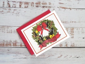 Christmas wreath with sweet black cats & big red bow,  holiday notecard #434 - Picture 1 of 2