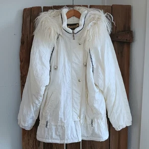 VTG Braetan White Parka Coat Mongolian Lamb Fur Trim Anorak Womens Large *A - Picture 1 of 15