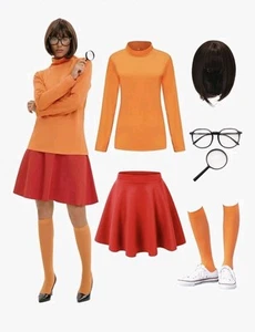 Velma Halloween Costume Set Brown Wig Turtleneck Top Skirt Accessories XL Womens - Picture 1 of 7