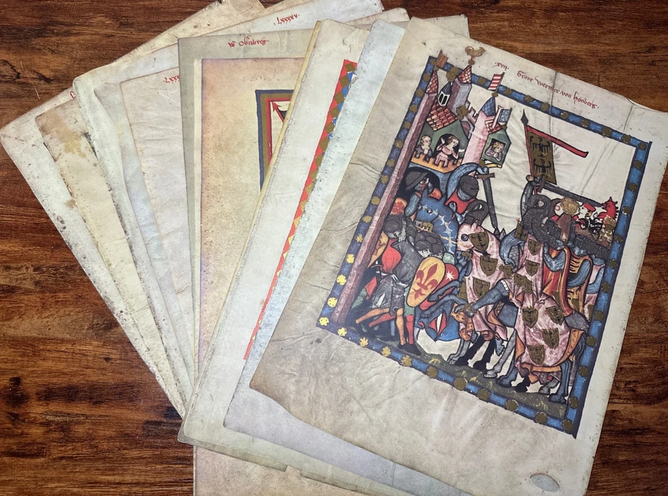 Lote De 12 Impresión De Arte Medieval Ilustración Tinte A Mano Códice Manesse De Colección Foto 1 de 4