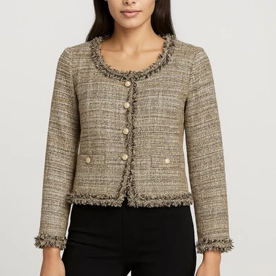 Chaqueta Blazer Cache XS Tweed Para Mujer Dorado Metálico Flecos Borde Perla Botones Nueva con Etiquetas Foto 1 de 4