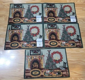 Lot Of 5 New NOS Vtg Christmas Tapestry Placemats Tree Fireplace Presents House - Bild 1 von 7