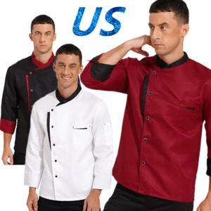 Men's Chef Jacket Long Sleeve Coat Restaurant Kitchen Cooking Tops Uniform - Picture 1 of 42