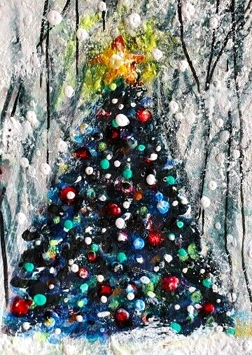 ACEO Original PAINTING Snow PINE TREE Landscape Winter Christmas Holiday ATC ART - Image 1 of 1