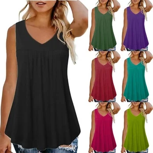 Plus Size Women's Sleeveless Tank Tops V Neck Camisole Loose Flowy Pleated Vests - Picture 1 of 16
