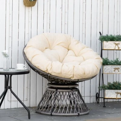 Rattan Swivel Papasan Chair Outdoor Round Wicker Seat w/ Cushion Beige 360° - Image 1 of 4