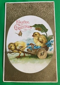 Chicks w/ Wagon, Flowers ~ Easter Postcard ~ Posted 1907 ~ Divided Back Embossed - Picture 1 of 2