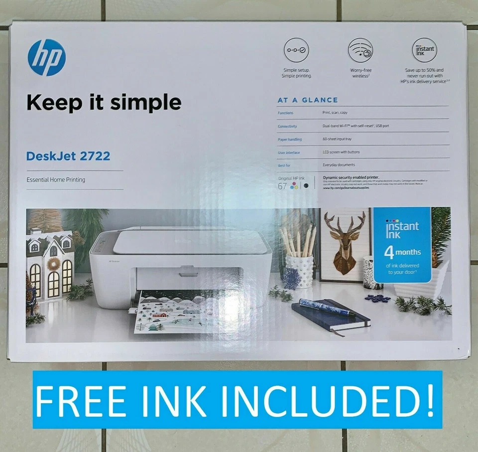 HP DeskJet 2722 All-in-One Wireless Color Printer + NEW + Ink + FREE SHIP! - Image 1 of 1
