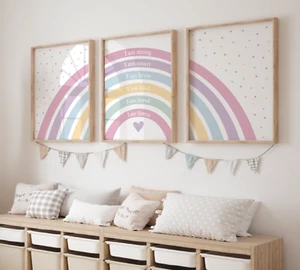 Set of 3 personalised girls rainbow positive affirmation prints, Nursery Bedroom - Picture 1 of 9