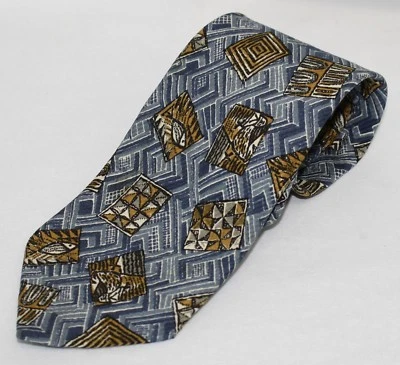 Gravata Bally pescoço samambaia azul e dourado desenhos geométricos largura 3,75" 57,5" comprimento estado perfeito - Imagem 1 de 4