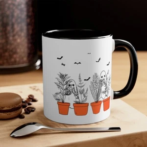 Halloween Spooky Hiding Ghosts Ceramic Coffee Mug, Haunting Bats, Plants 11oz - Picture 1 of 21