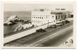 RPPC  San Francisco Cliff House Restaurant Seal Rocks Old Cars Parked 1930s-40s - Picture 1 of 2