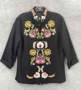 Saint Tropez West Jacke Medium schwarz Seide Blumen bestickt 3/4 Arm Reißverschluss - Bild 1 von 8