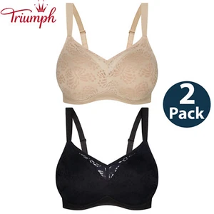 2 Pack Triumph Lacy Wire Free Minimiser Womens Wireless Bras Black Beige Bulk - Picture 1 of 11